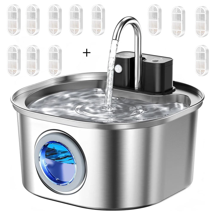 Fontaine d'eau en acier inoxydable avec éclairage LED, design moderne, idéal pour animaux de compagnie.