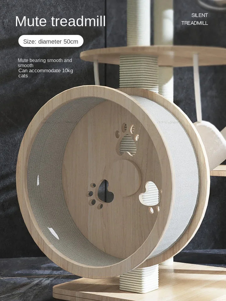 Designer Kratzbaum - Weißes Holz mit Rad und Hängematte - Katzenparadies
