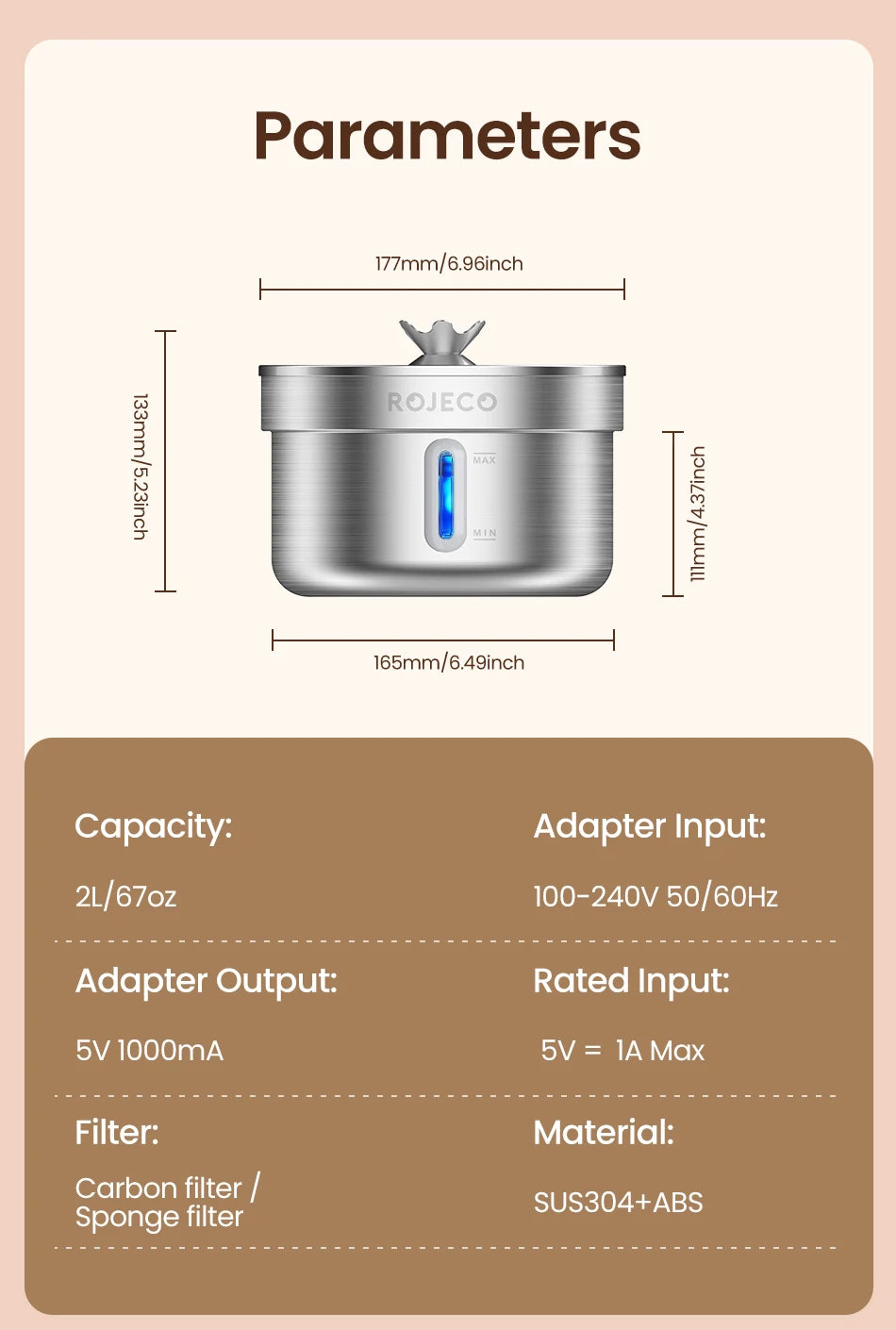 Rojeco purificateur d'air en acier inoxydable, 2L, filtre à carbone, design compact, élégant et moderne.