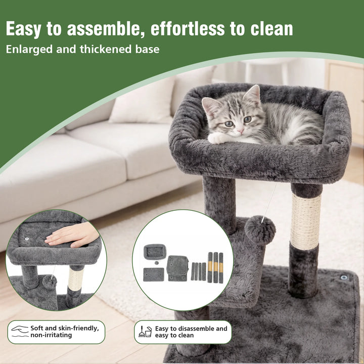 Arbre à chat compact 80 cm gris avec double niche et griffoirs