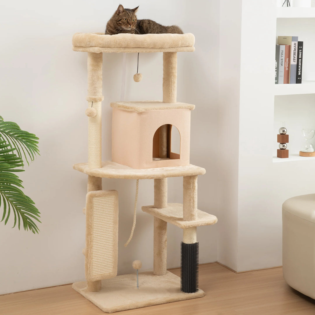 Arbre à chat 132 cm beige avec brosse intégrée et niche