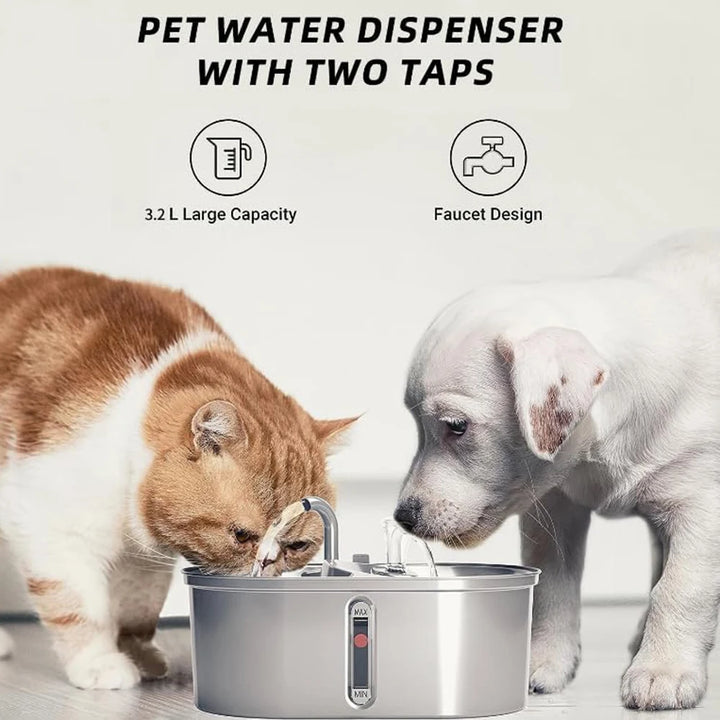 Distributeur d'eau pour animaux, 3,2 L, design avec deux robinets, idéal pour chats et chiens.