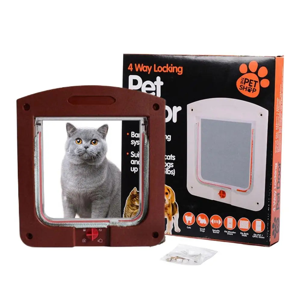 Porte pour animaux à verrouillage 4 voies, brun, adaptée aux chats et petits chiens, avec système de verrouillage.