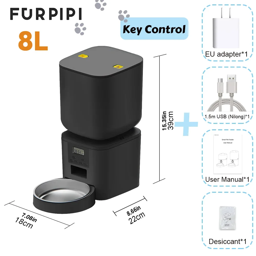 Distributeur de croquettes intelligent Furpipi 8L, noir, avec contrôle électronique et accessoires inclus.