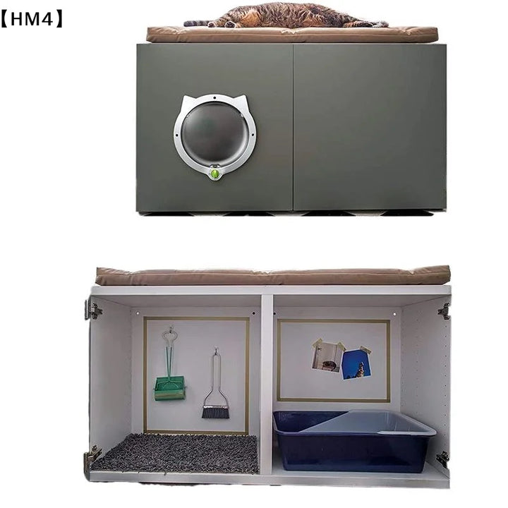 Meuble pour chat gris avec coussin, espace de rangement et bac à litière intégré.