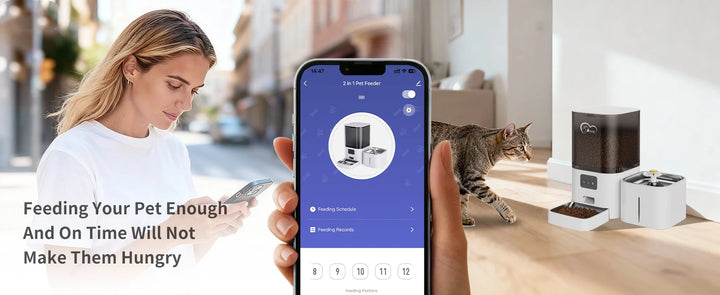 Distributeur 2 en 1 pour animaux, blanc, avec application mobile pour programmer les repas.