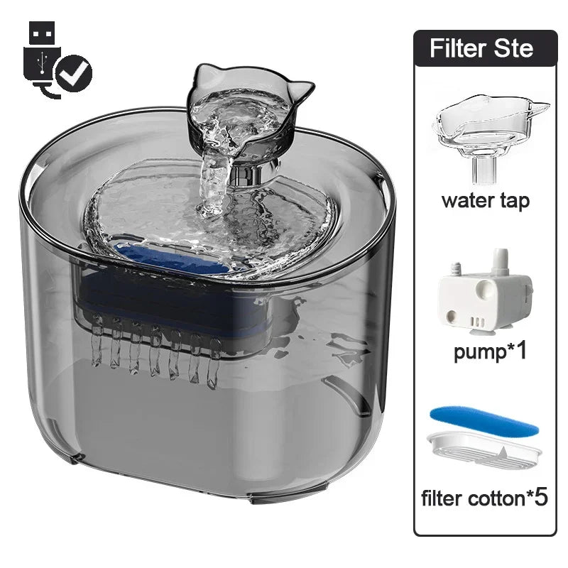Fontaine pour animaux en plastique transparent, avec robinet en forme de chat et système de filtration intégré.