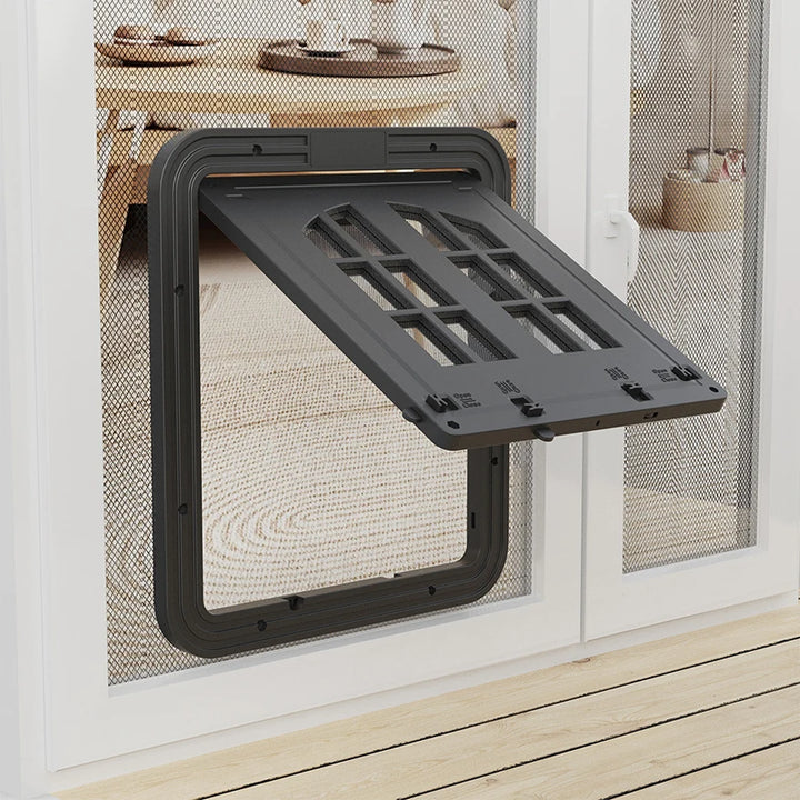 Chatière en plastique noir, design moderne, idéale pour chiens, facile à installer sur porte moustiquaire.