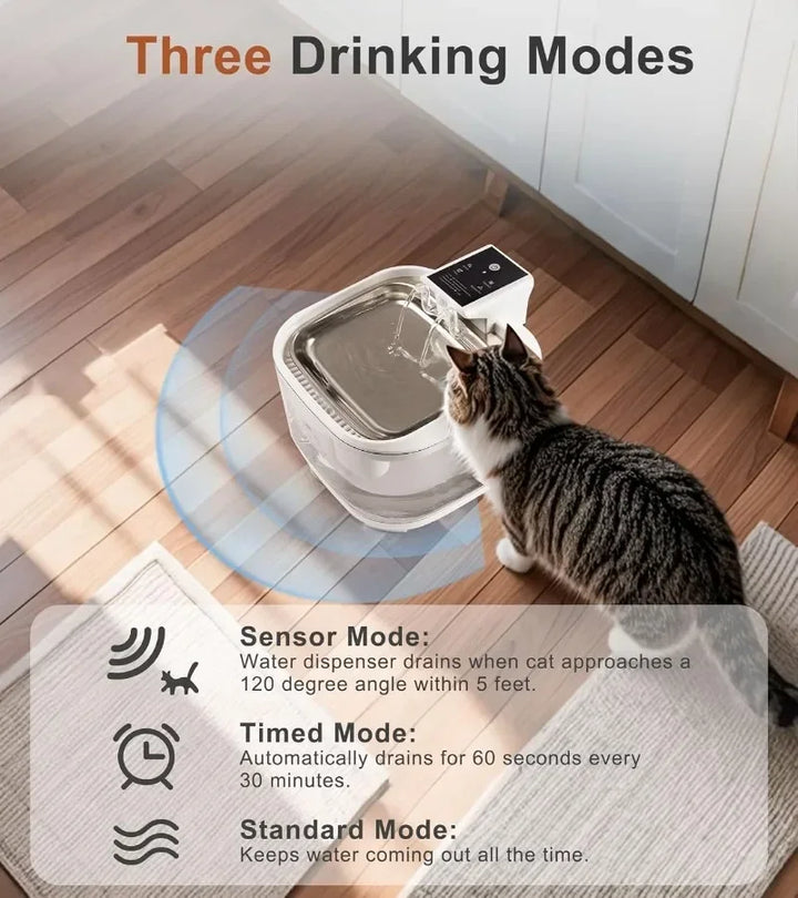 Fontaine à eau pour chats, mode sensoriel, blanc, avec trois modes de distribution.