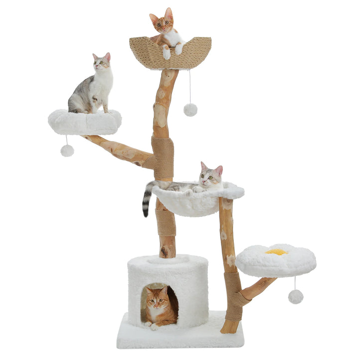 Arbre à chat 150 cm en bois massif avec panier tressé et plateformes fleur