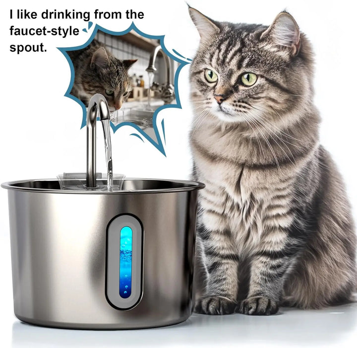 Fontaine pour chat en acier inoxydable, design robinet, avec voyant d'eau bleue, pour une hydratation optimale.