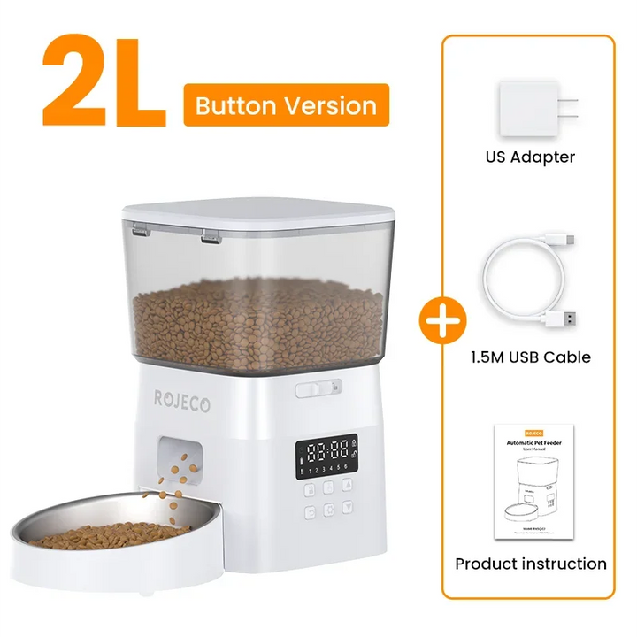 Distributeur automatique d'aliments pour animaux, 2L, blanc, avec adaptateur US et câble USB de 1,5 m.