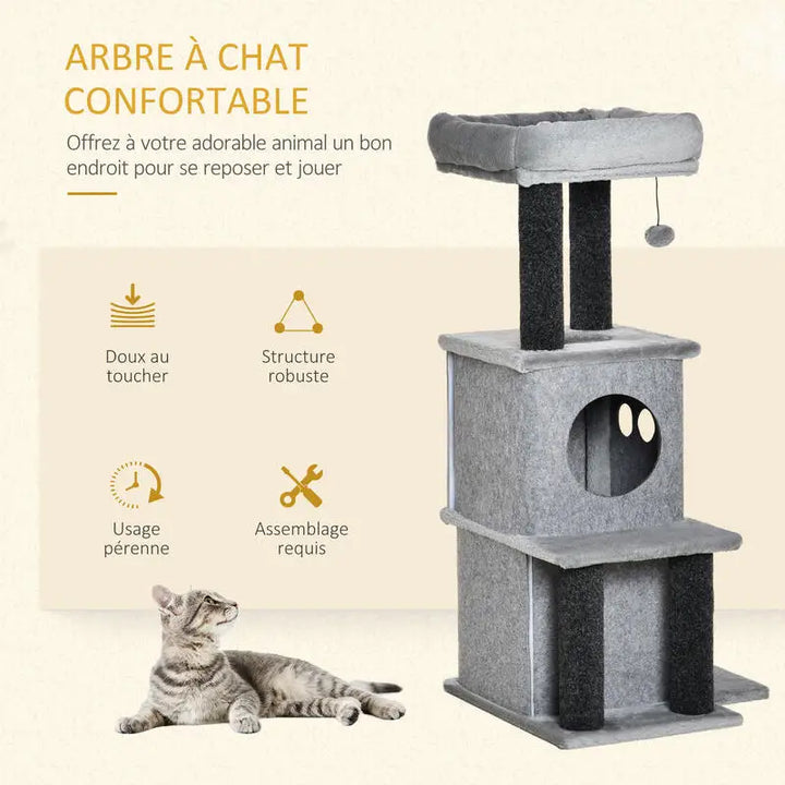 Arbre à chat 100 cm gris avec niches et plateformes