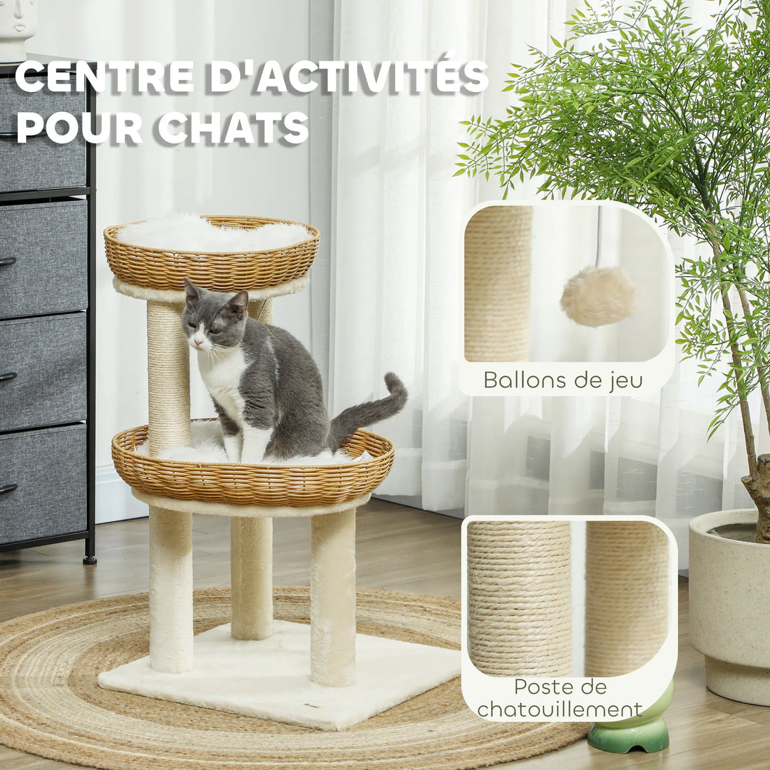 Arbre à chat 75 cm avec deux paniers en rotin et coussins lavables