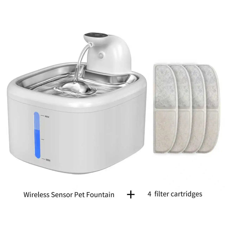 Fontaine pour animaux sans fil blanche avec 4 cartouches de filtre incluses.