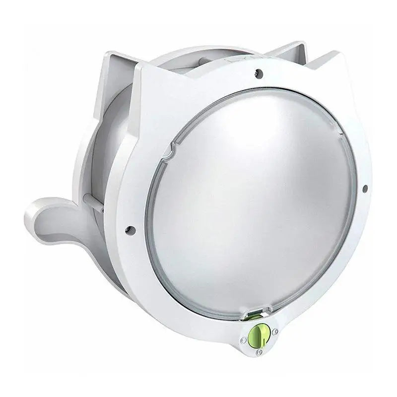 Enrouleur de câble blanc, design circulaire, avec niveau à bulle intégré pour une utilisation pratique.