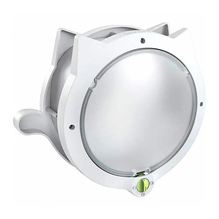 Enrouleur de câble blanc, design circulaire, avec niveau à bulle intégré pour une utilisation pratique.