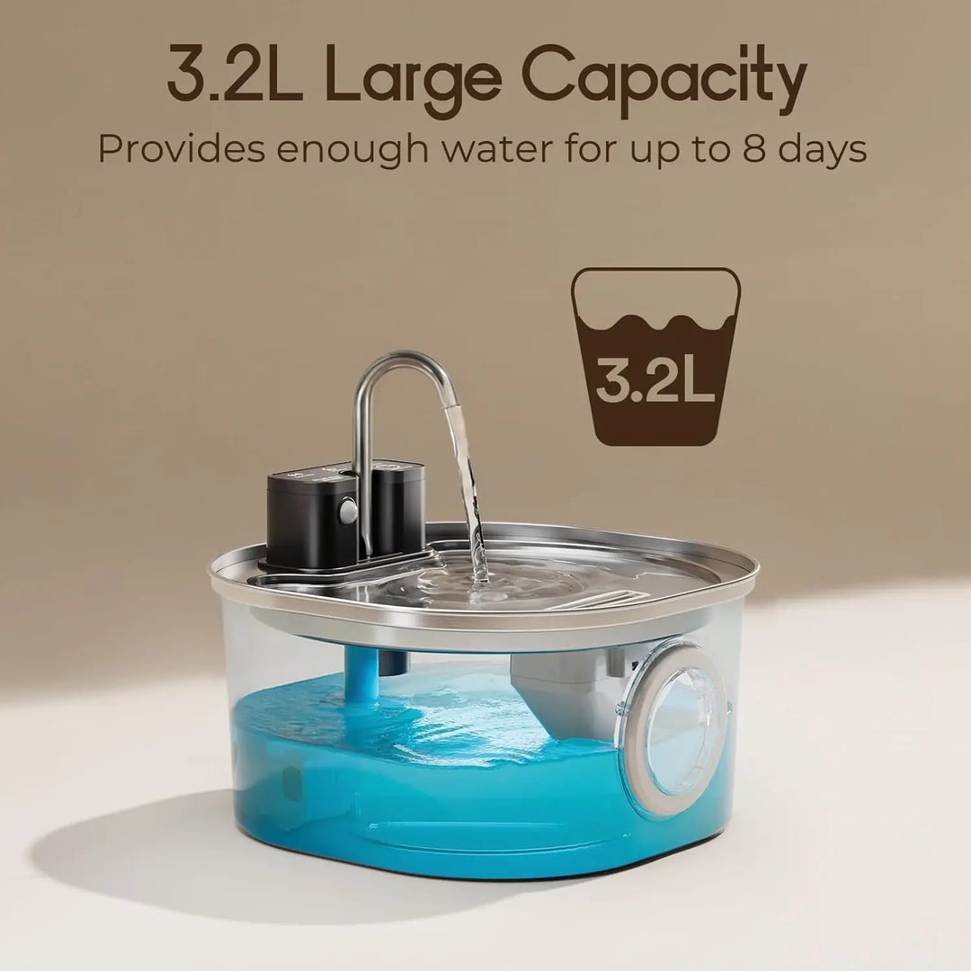 Distributeur d'eau 3,2L, capacité suffisante pour 8 jours, design moderne, couleur transparente avec base bleue.