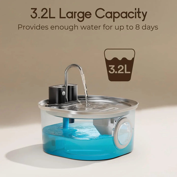 Distributeur d'eau 3,2L, capacité suffisante pour 8 jours, design moderne, couleur transparente avec base bleue.
