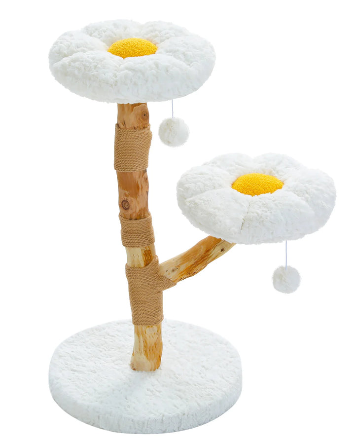 Arbre à chat en bois massif blanc avec couchages en forme de fleur