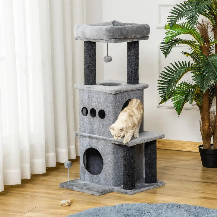 Arbre à chat 100 cm gris avec niches et plateformes