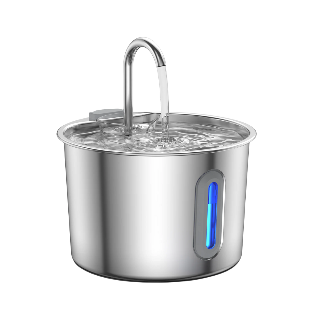 Fontaine d'eau en acier inoxydable avec bec verseur et lumière LED bleue, design moderne.