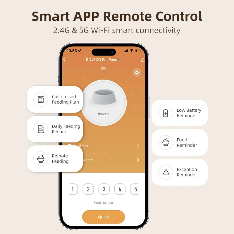 Distributeur automatique ROJECO pour animaux, contrôle à distance par APP, connectivité Wi-Fi 2.4G et 5G.