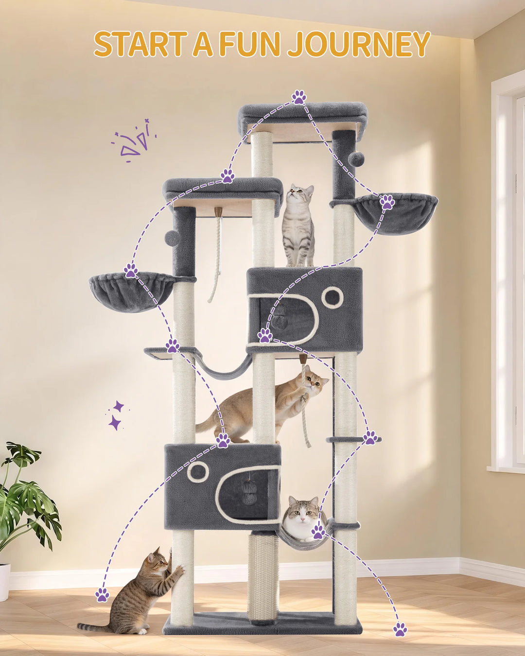 Arbre à chat XXL 213 cm gris foncé pour Maine Coon avec hamacs