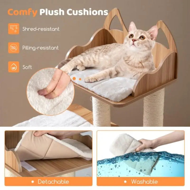 Arbre à chat 122 cm en bois naturel avec niche et coussin amovible