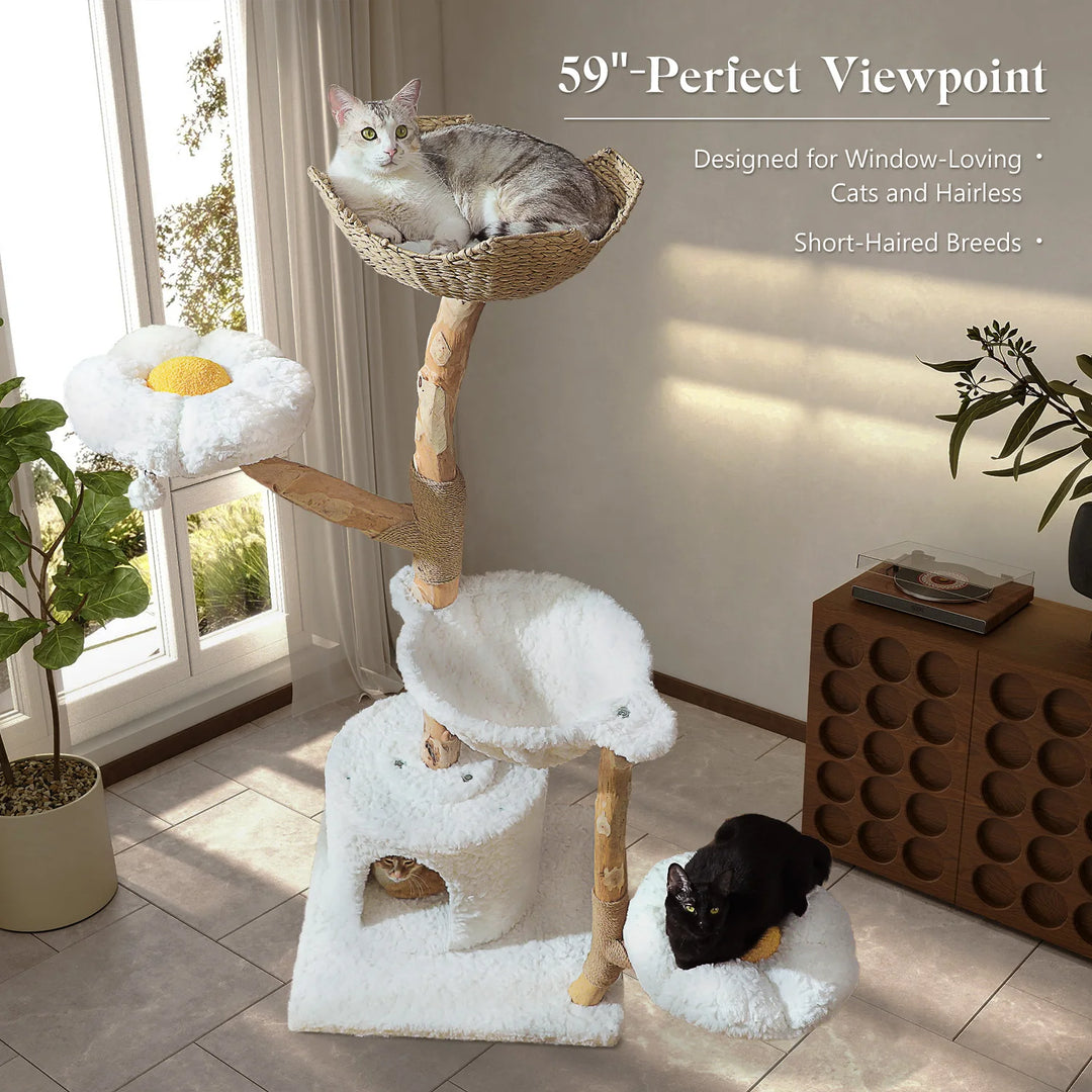 Arbre à chat 150 cm en bois massif avec panier tressé et plateformes fleur