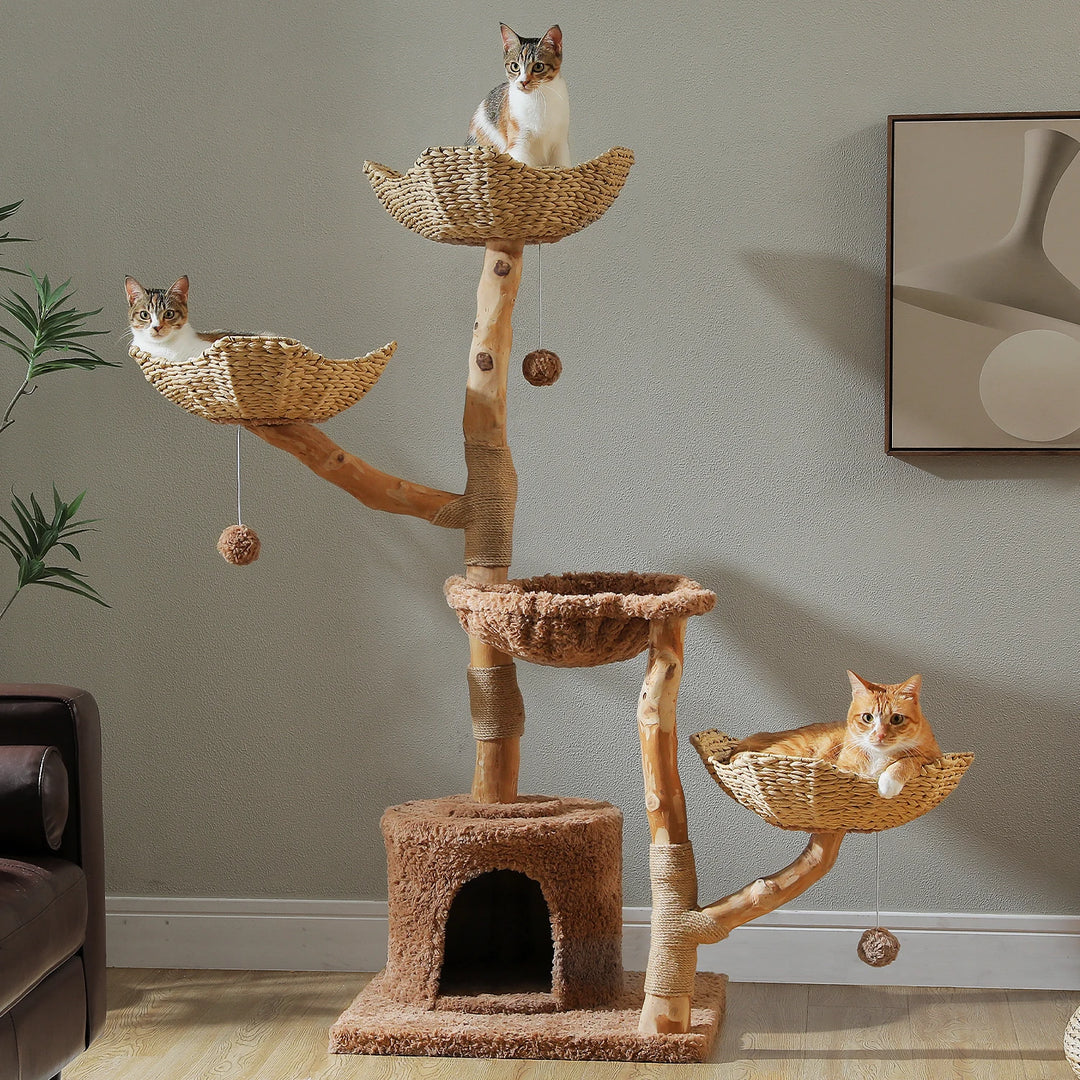 Arbre à chat 150 cm en bois massif avec panier tressé et plateformes fleur