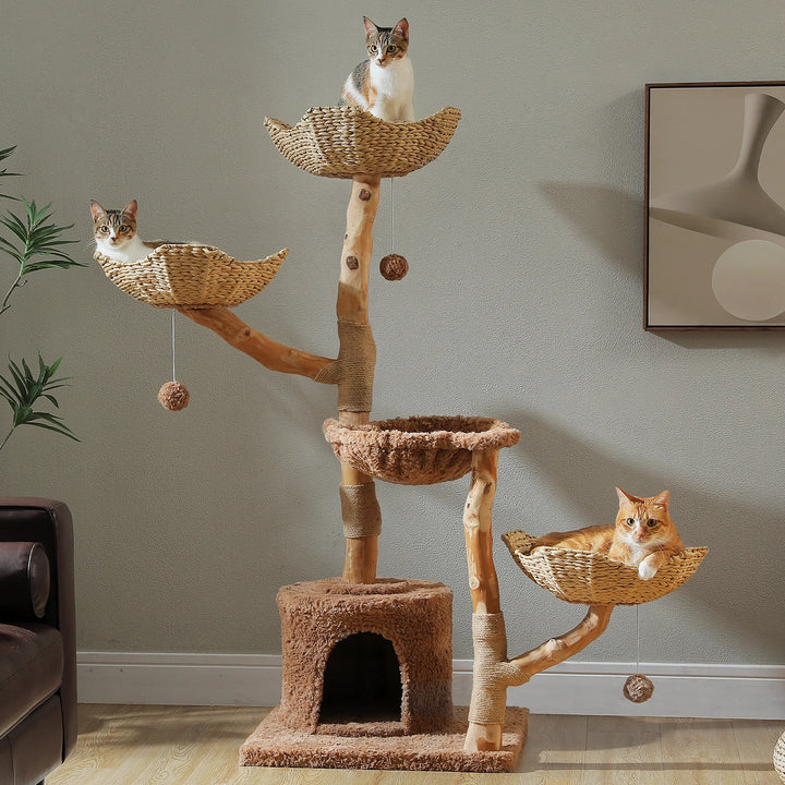 Arbre à chat 150 cm en bois massif avec panier tressé et plateformes fleur