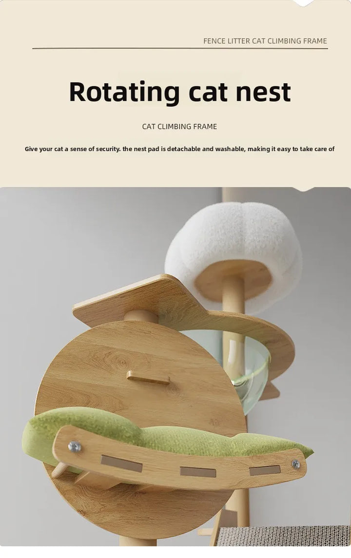 Arbre à chat en bois avec capsule spatiale et poteaux à griffer