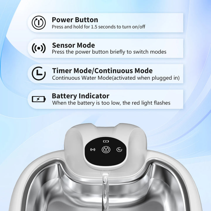 Distributeur d'eau en acier inoxydable, avec indicateur de batterie, modes minute et continu.