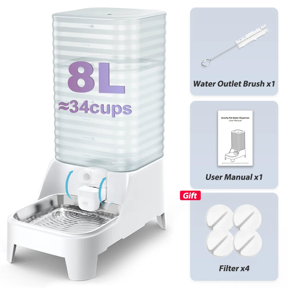 Distributeur d'eau pour animaux, 8L, blanc, avec brosse et filtres, idéal pour hydratation continue.