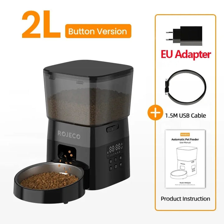Distributeur automatique de nourriture pour animaux 2L, noir, avec câble USB et adaptateur EU.