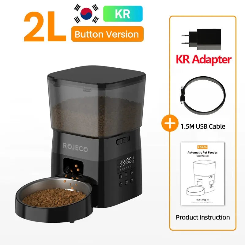 Distributeur automatique de nourriture pour animaux ROJECO, noir, capacité 2L, avec adaptateur KR et câble USB.