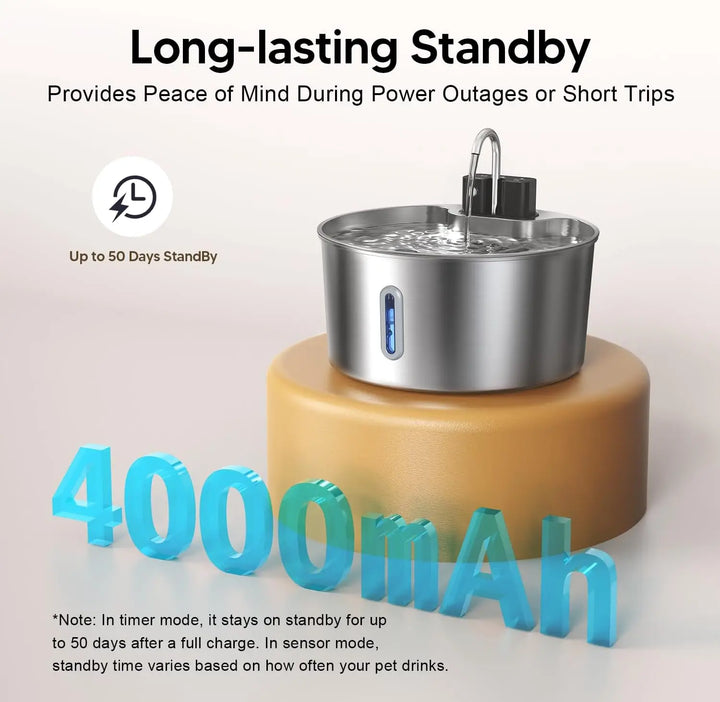 Fontaine à eau pour animaux en acier inoxydable, 4000mAh, autonomie jusqu'à 50 jours, design élégant.