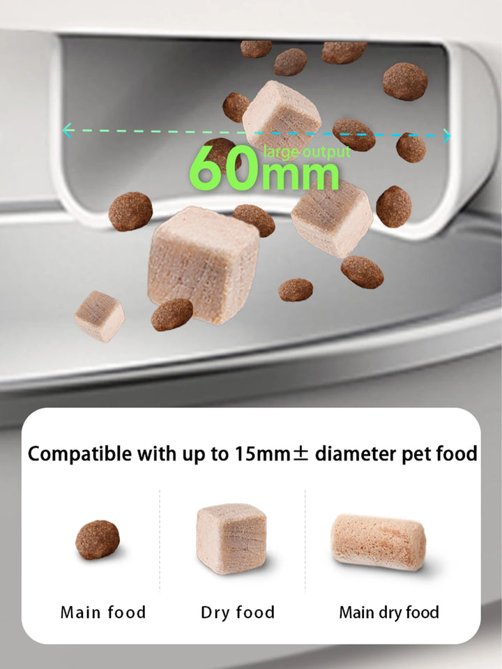 Distributeur de nourriture pour animaux, sortie large 60mm, compatible avec croquettes jusqu'à 15mm.
