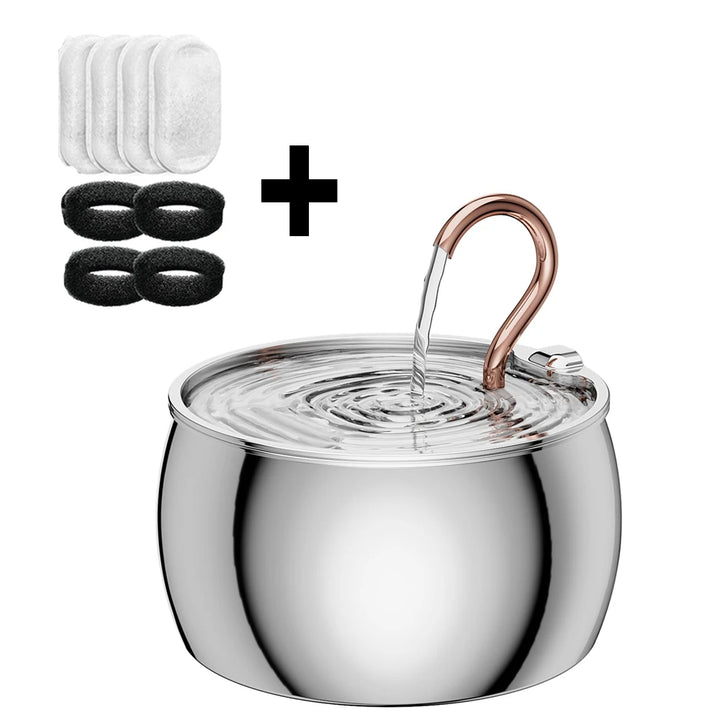 Bassin en acier inoxydable avec robinet et accessoires : 4 filtres blancs et 4 élastiques noirs.