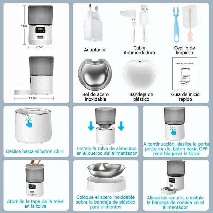 Distributeur automatique de nourriture pour animaux, blanc, avec bol en acier inoxydable et bandeja en plastique.