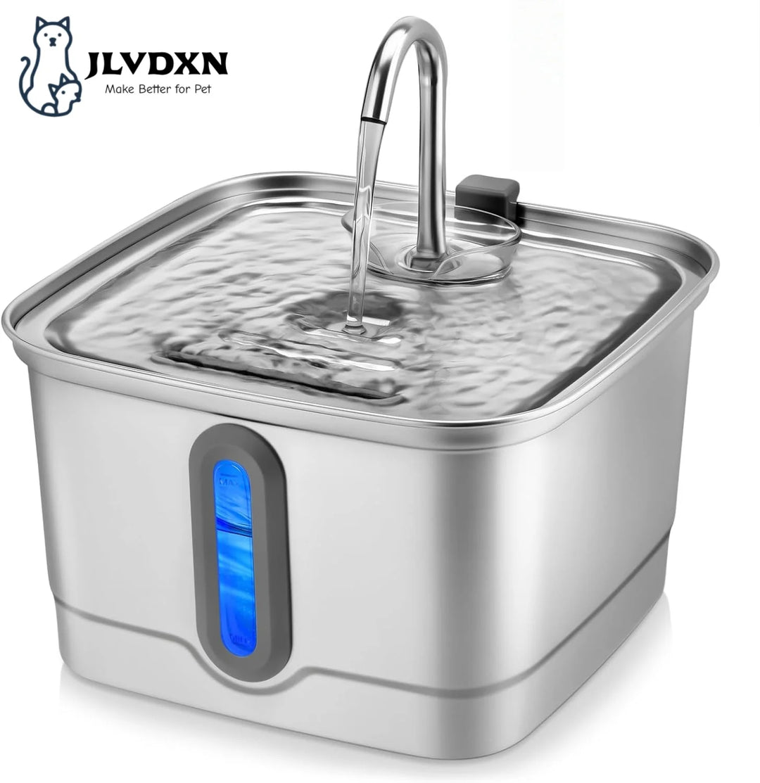 Fontaine à eau pour animaux en acier inoxydable, design carré, avec éclairage LED bleu et robinet.