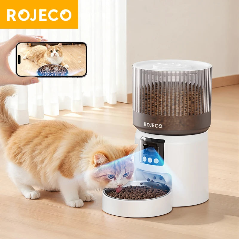 Distributeur automatique de croquettes ROJECO, blanc et gris, avec caméra pour surveiller votre chat.