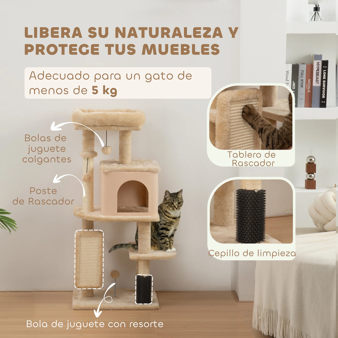 Arbre à chat 132 cm beige avec brosse intégrée et niche