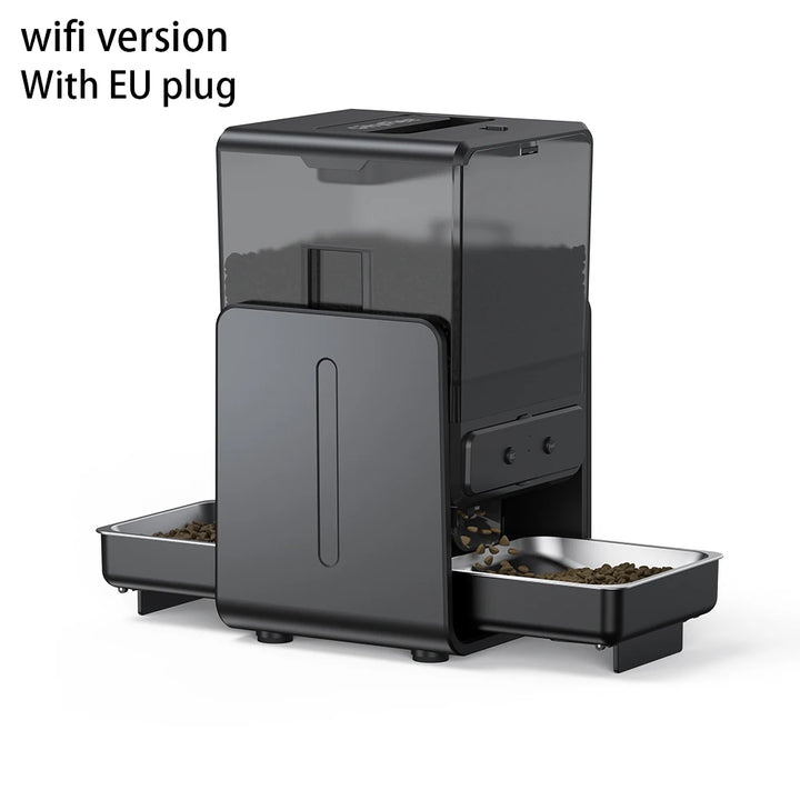 Distributeur de nourriture pour animaux connecté WiFi, noir, avec prise EU, compartiments en acier inoxydable.