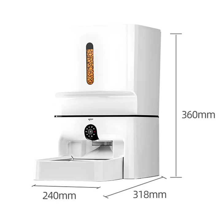 Distributeur de nourriture pour animaux blanc, dimensions 240x318x360mm, design moderne et pratique.