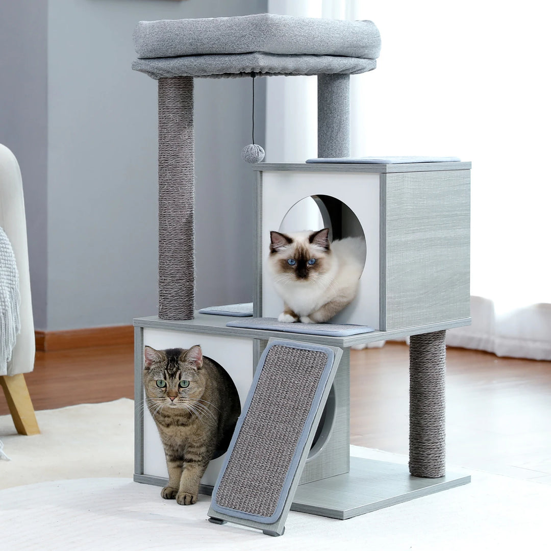 Arbre à chat 89 cm en bois gris avec niches rondes et rampe griffoir
