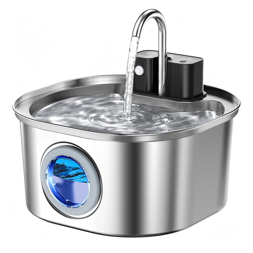 Fontaine en inox moderne avec éclairage bleu et robinet, idéale pour décorer votre intérieur.