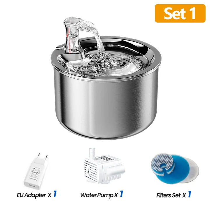 Fontaine à eau en acier inoxydable, avec adaptateur EU, pompe et filtre inclus.