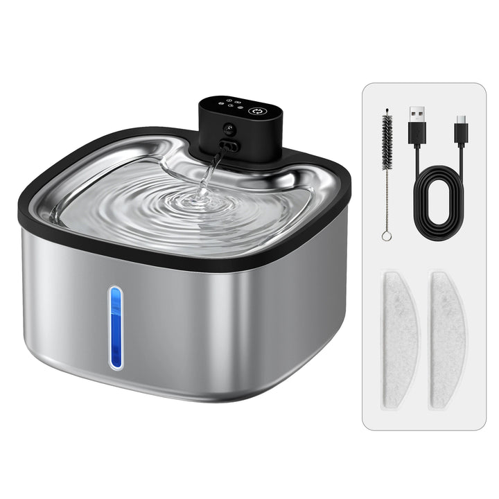 Distributeur d'eau pour animaux en acier inoxydable, couleur argentée, avec accessoires inclus.